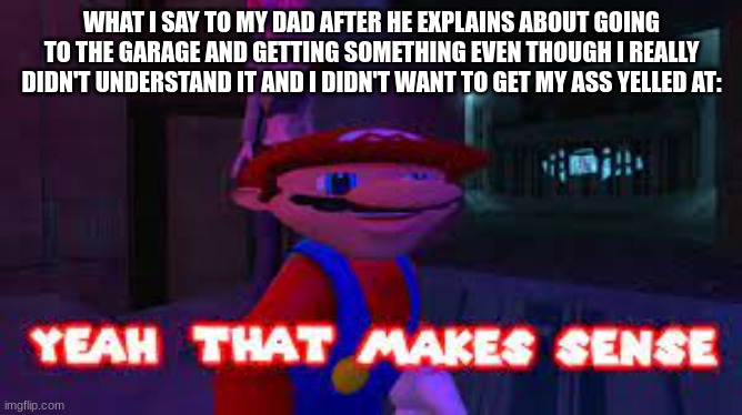 when u dont want to get yelled at by your dad | WHAT I SAY TO MY DAD AFTER HE EXPLAINS ABOUT GOING TO THE GARAGE AND GETTING SOMETHING EVEN THOUGH I REALLY DIDN'T UNDERSTAND IT AND I DIDN'T WANT TO GET MY ASS YELLED AT: | image tagged in yeah that makes sense,funny memes | made w/ Imgflip meme maker