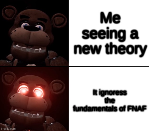 Is it wrong tho? | Me seeing a new theory; It ignoress the fundamentals of FNAF | image tagged in freddy triggered | made w/ Imgflip meme maker