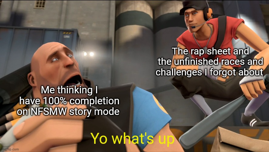 Yo what's up ? | The rap sheet and the unfinished races and challenges I forgot about; Me thinking I have 100% completion on NFSMW story mode; Yo what's up | image tagged in yo what's up | made w/ Imgflip meme maker