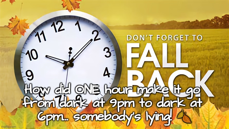Day Light Savings Time | How did ONE hour make it go 
from dark at 9pm to dark at 
6pm... somebody's lying! 🍂 | image tagged in funny,daylight savings time | made w/ Imgflip meme maker