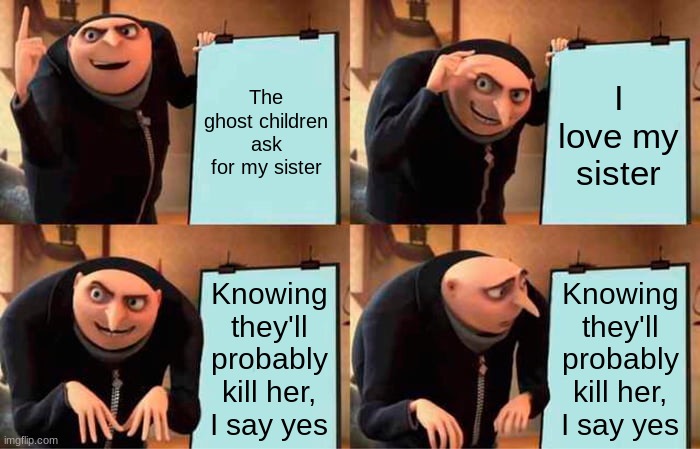 Mike Schmidt | The ghost children ask for my sister; I love my sister; Knowing they'll probably kill her, I say yes; Knowing they'll probably kill her, I say yes | image tagged in memes,gru's plan,fnaf | made w/ Imgflip meme maker
