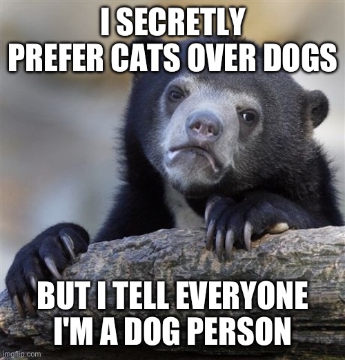 Confession Bear | I SECRETLY PREFER CATS OVER DOGS; BUT I TELL EVERYONE I'M A DOG PERSON | image tagged in memes,confession bear | made w/ Imgflip meme maker