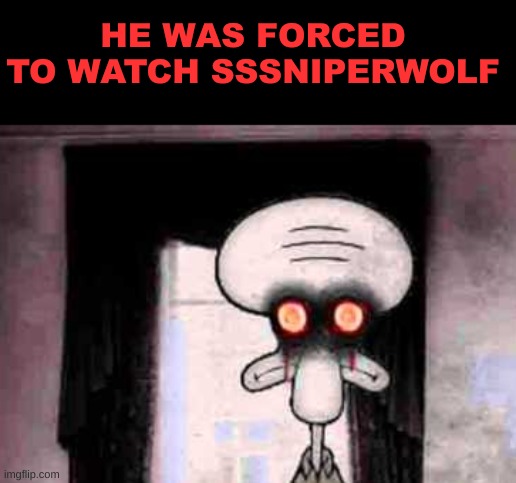 Poor Guy, F in the Chat you guys | HE WAS FORCED TO WATCH SSSNIPERWOLF | image tagged in squidward's suiciide | made w/ Imgflip meme maker