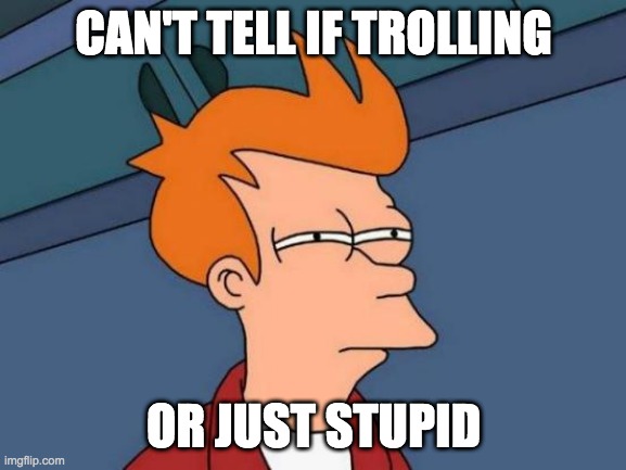 Futurama Fry | CAN'T TELL IF TROLLING; OR JUST STUPID | image tagged in memes,futurama fry | made w/ Imgflip meme maker