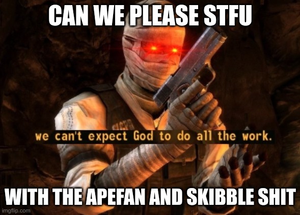 deadass its getting annoying | CAN WE PLEASE STFU; WITH THE APEFAN AND SKIBBLE SHIT | image tagged in we can't expect god to do all the work | made w/ Imgflip meme maker