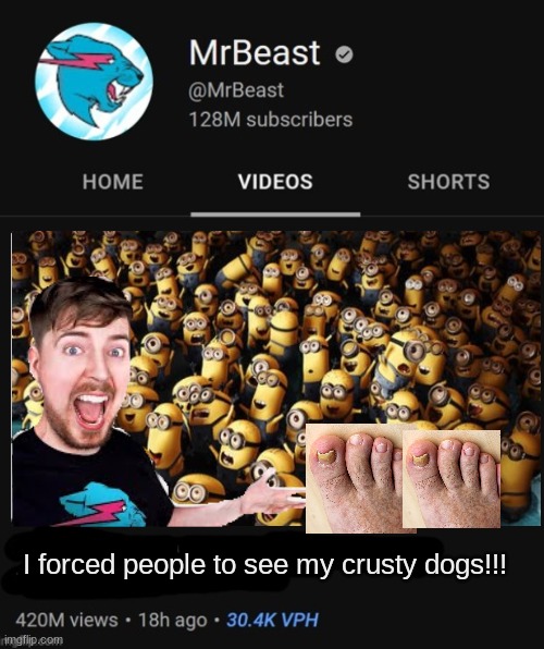 MrBeast thumbnail template | I forced people to see my crusty dogs!!! | image tagged in mrbeast thumbnail template | made w/ Imgflip meme maker