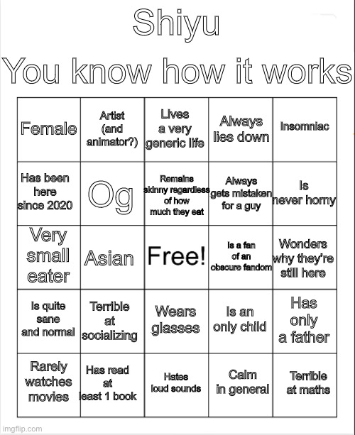 Just post it in the comments section no need to repost | You know how it works; Shiyu; Lives a very generic life; Artist (and animator?); Insomniac; Female; Always lies down; Remains skinny regardless of how much they eat; Is never horny; Has been here since 2020; Always gets mistaken for a guy; Og; Is a fan of an obscure fandom; Very small eater; Wonders why they’re still here; Asian; Is quite sane and normal; Terrible at socializing; Has only a father; Is an only child; Wears glasses; Has read at least 1 book; Terrible at maths; Rarely watches movies; Hates loud sounds; Calm in general | image tagged in blank bingo | made w/ Imgflip meme maker