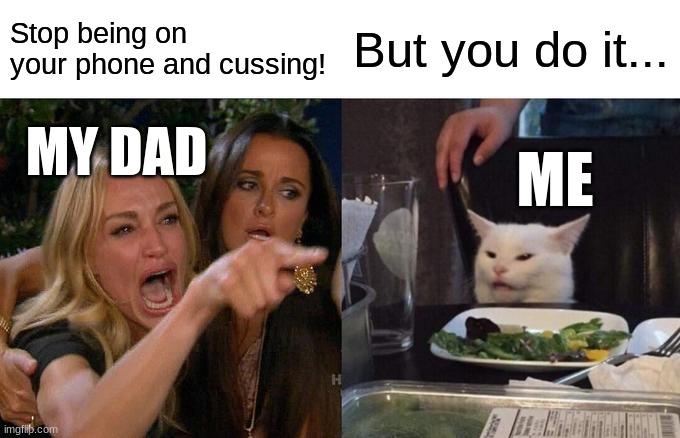 Parents are hypocrites... | Stop being on your phone and cussing! But you do it... MY DAD; ME | image tagged in memes,woman yelling at cat | made w/ Imgflip meme maker