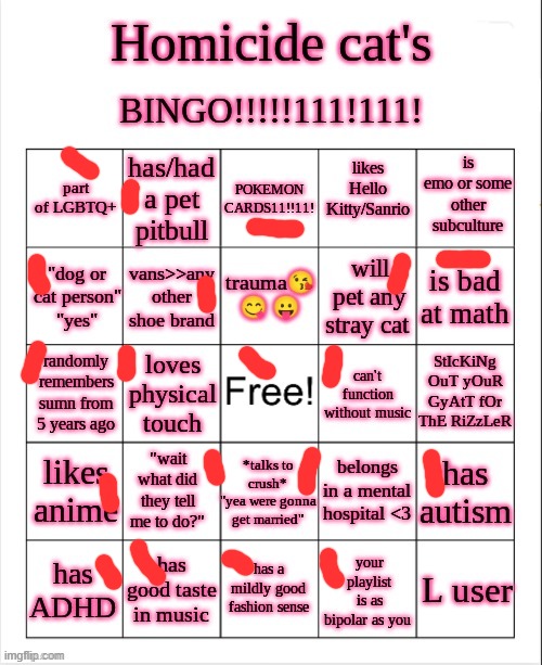 Homicide-Cat's bingo | image tagged in homicide-cat's bingo | made w/ Imgflip meme maker