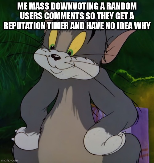 devious | ME MASS DOWNVOTING A RANDOM USERS COMMENTS SO THEY GET A REPUTATION TIMER AND HAVE NO IDEA WHY | image tagged in satisfied tom | made w/ Imgflip meme maker
