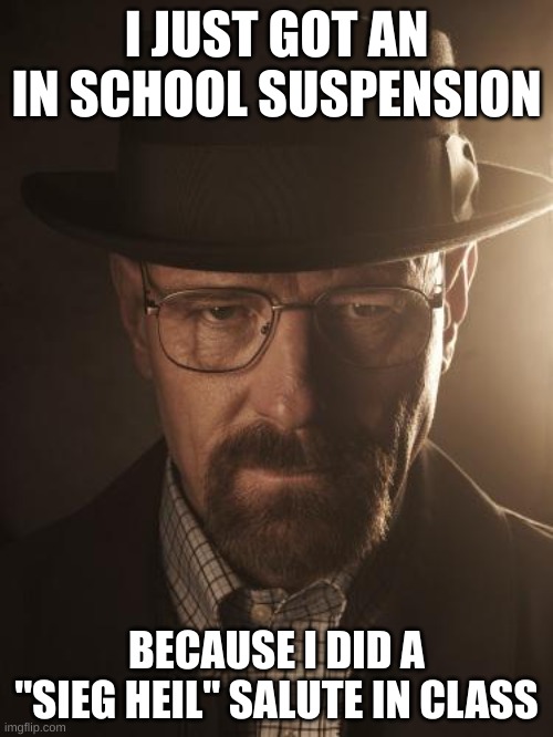 Walter White | I JUST GOT AN IN SCHOOL SUSPENSION; BECAUSE I DID A "SIEG HEIL" SALUTE IN CLASS | image tagged in walter white | made w/ Imgflip meme maker