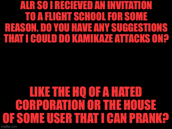 Balls | ALR SO I RECIEVED AN INVITATION TO A FLIGHT SCHOOL FOR SOME REASON. DO YOU HAVE ANY SUGGESTIONS THAT I COULD DO KAMIKAZE ATTACKS ON? LIKE THE HQ OF A HATED CORPORATION OR THE HOUSE OF SOME USER THAT I CAN PRANK? | made w/ Imgflip meme maker