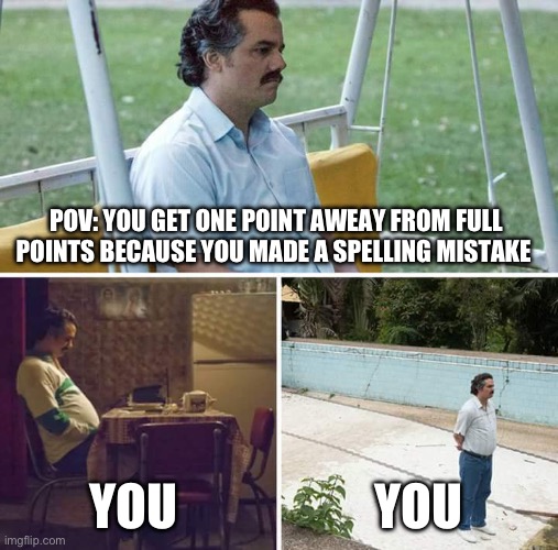 Sad Pablo Escobar | POV: YOU GET ONE POINT AWEAY FROM FULL POINTS BECAUSE YOU MADE A SPELLING MISTAKE; YOU; YOU | image tagged in memes,sad pablo escobar | made w/ Imgflip meme maker