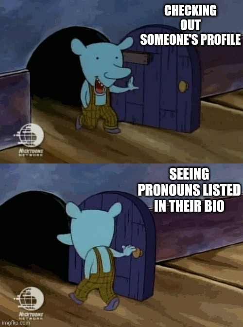 Pretty much lose all respect for the person. | CHECKING OUT SOMEONE'S PROFILE; SEEING PRONOUNS LISTED IN THEIR BIO | image tagged in mouse entering and leaving,gender | made w/ Imgflip meme maker