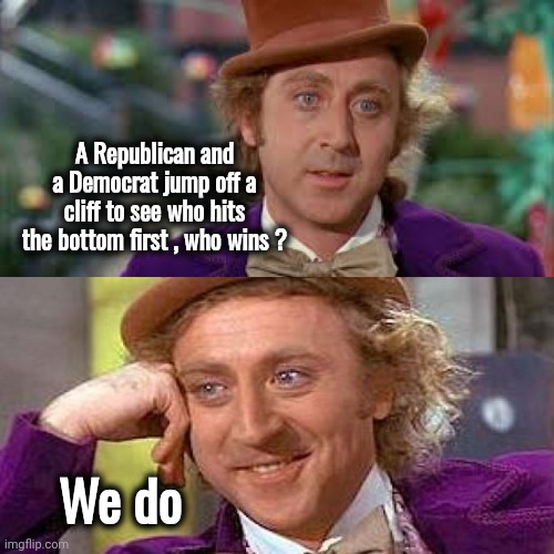 My suggestion to decide Elections | A Republican and a Democrat jump off a cliff to see who hits the bottom first , who wins ? We do | image tagged in wonka just kidding,republicans,democrats,they're the same picture,politicians suck,not the way it should be | made w/ Imgflip meme maker