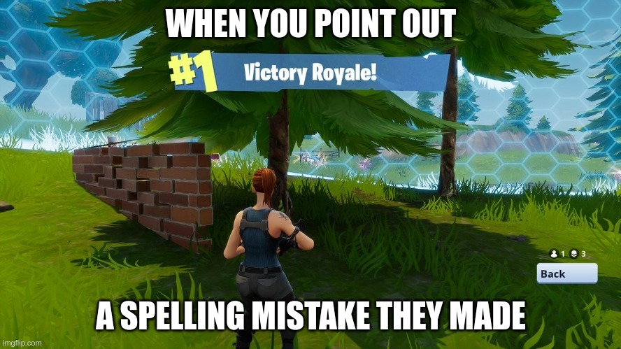 Fortnight victory royale | WHEN YOU POINT OUT; A SPELLING MISTAKE THEY MADE | image tagged in fortnight victory royale | made w/ Imgflip meme maker
