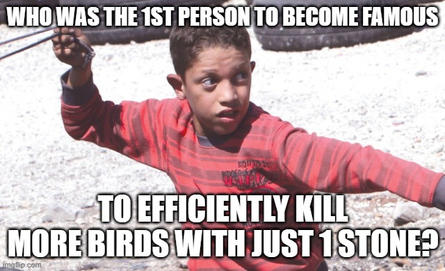 rock throwing | WHO WAS THE 1ST PERSON TO BECOME FAMOUS; TO EFFICIENTLY KILL MORE BIRDS WITH JUST 1 STONE? | image tagged in rock throwing | made w/ Imgflip meme maker