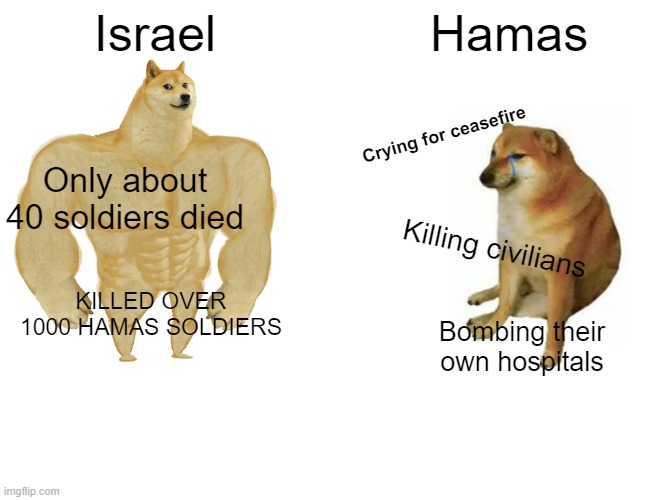 Buff Doge vs. Cheems | Israel; Hamas; Crying for ceasefire; Only about 40 soldiers died; Killing civilians; KILLED OVER 1000 HAMAS SOLDIERS; Bombing their own hospitals | image tagged in memes,buff doge vs cheems | made w/ Imgflip meme maker
