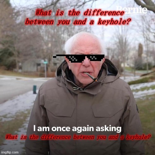 Rizz (Comment rizz lines) | What is the difference between you and a keyhole? What is the difference between you and a keyhole? | image tagged in memes,bernie i am once again asking for your support | made w/ Imgflip meme maker