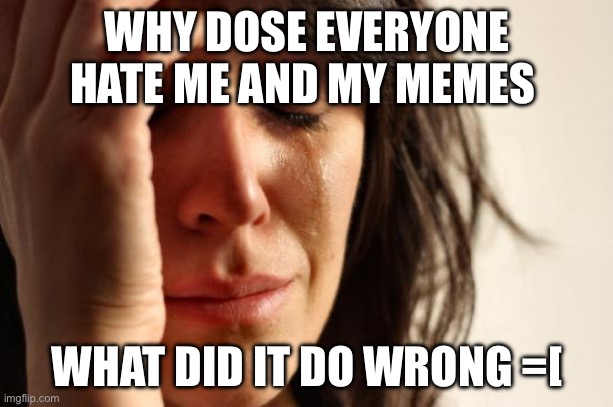 Y’all breaking my heart rn | WHY DOSE EVERYONE HATE ME AND MY MEMES; WHAT DID IT DO WRONG =[ | image tagged in memes,first world problems | made w/ Imgflip meme maker