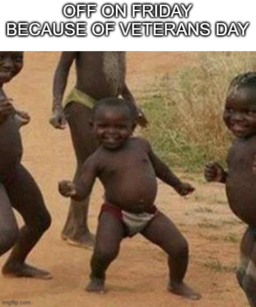 THANK YOU AMERICA | OFF ON FRIDAY BECAUSE OF VETERANS DAY | image tagged in memes,third world success kid,day off,funny memes,yes | made w/ Imgflip meme maker