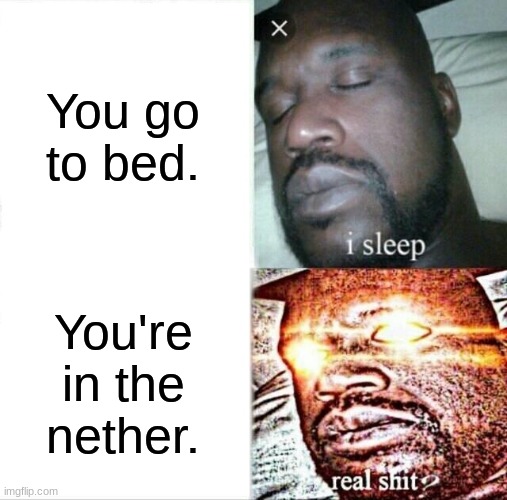 Sleeping in the nether. | You go to bed. You're in the nether. | image tagged in memes,sleeping shaq | made w/ Imgflip meme maker