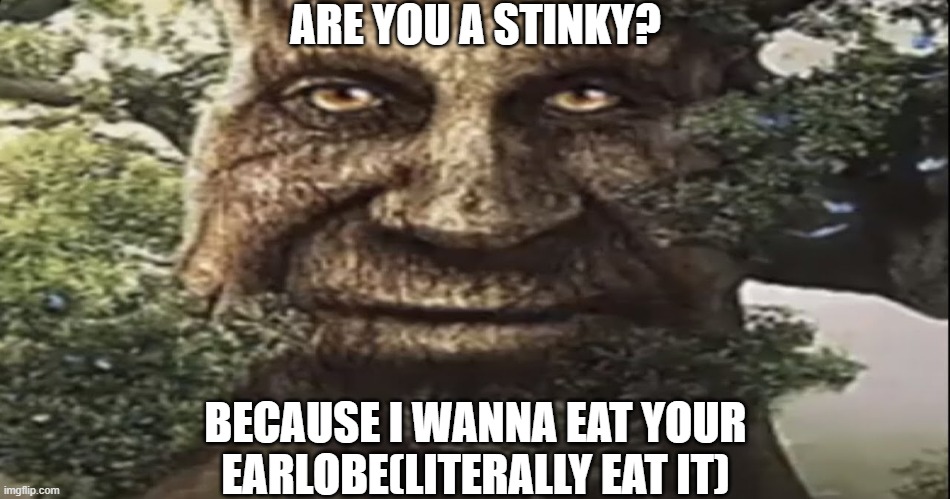 W rizz? | ARE YOU A STINKY? BECAUSE I WANNA EAT YOUR EARLOBE(LITERALLY EAT IT) | image tagged in wise mystical tree,funny,funny memes,fun,relatable,memes | made w/ Imgflip meme maker