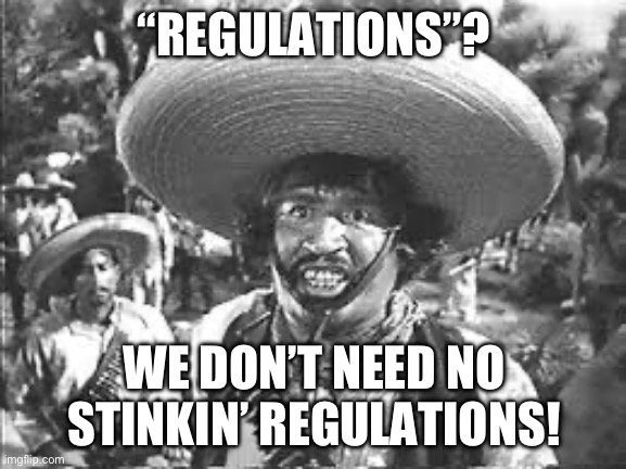 We Don't Need No Stinking Badges | “REGULATIONS”? WE DON’T NEED NO STINKIN’ REGULATIONS! | image tagged in we don't need no stinking badges | made w/ Imgflip meme maker