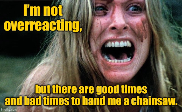 Overreacting | I’m not overreacting, but there are good times and bad times to hand me a chainsaw. | image tagged in mad woman,good times,bad times,give me a chainsaw | made w/ Imgflip meme maker
