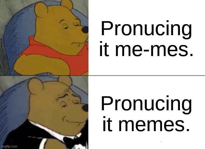 How to pronuce memes. | Pronucing it me-mes. Pronucing it memes. | image tagged in memes,tuxedo winnie the pooh | made w/ Imgflip meme maker