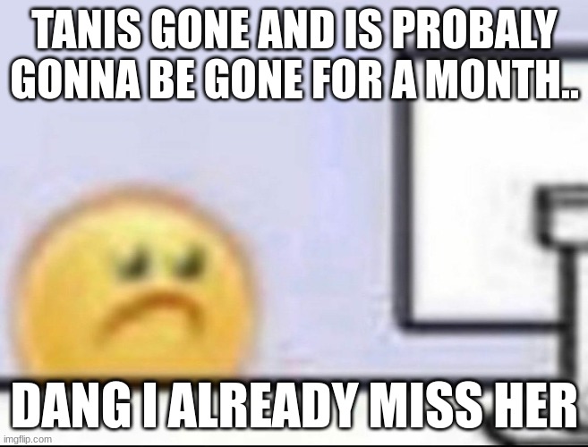 we talked everyday for like hours. its gonna be weird | TANIS GONE AND IS PROBALY GONNA BE GONE FOR A MONTH.. DANG I ALREADY MISS HER | image tagged in zad | made w/ Imgflip meme maker