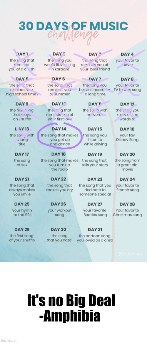 Day 14 | It's no Big Deal
-Amphibia | image tagged in music challenge,memes | made w/ Imgflip meme maker
