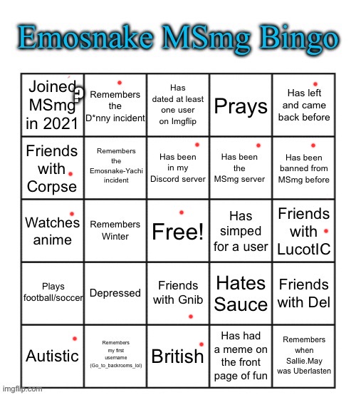 Emosnake MSmg Bingo | ? | image tagged in emosnake msmg bingo | made w/ Imgflip meme maker