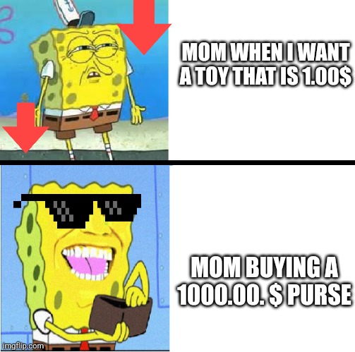 WHY??! | MOM WHEN I WANT A TOY THAT IS 1.00$; MOM BUYING A 1000.00. $ PURSE | image tagged in spongebob money meme | made w/ Imgflip meme maker