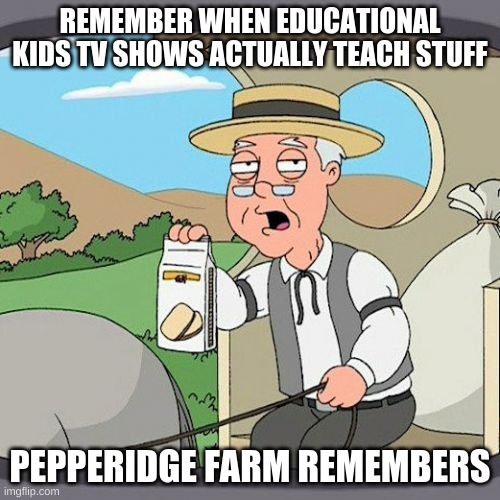 educational kids tv was our childhood. | REMEMBER WHEN EDUCATIONAL KIDS TV SHOWS ACTUALLY TEACH STUFF; PEPPERIDGE FARM REMEMBERS | image tagged in memes,pepperidge farm remembers,kids shows,educational shows,funny memes,funny | made w/ Imgflip meme maker