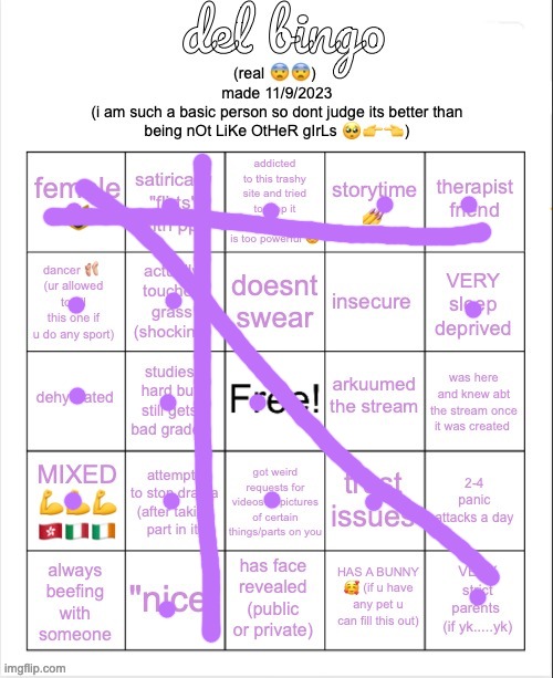 three bingos yay (does that mean im basic?) | image tagged in del bingo real | made w/ Imgflip meme maker