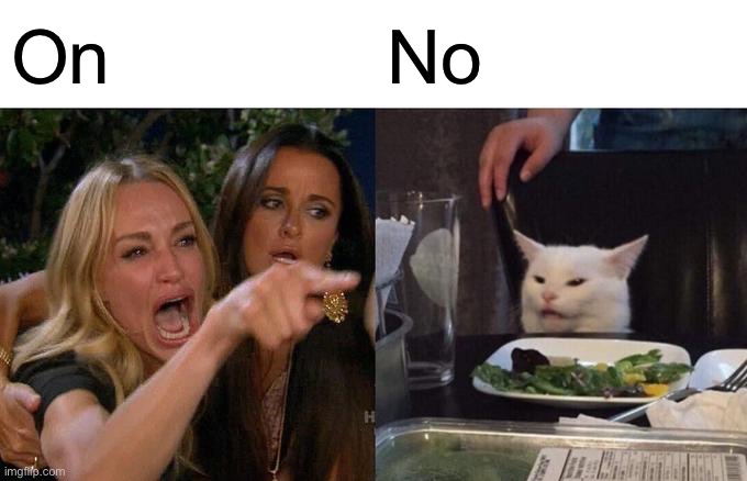 Woman Yelling At Cat Meme | On No | image tagged in memes,woman yelling at cat | made w/ Imgflip meme maker