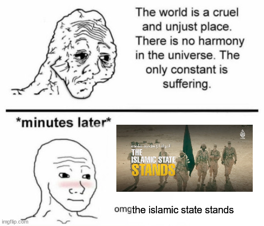 The only constant is suffering | the islamic state stands | image tagged in the only constant is suffering | made w/ Imgflip meme maker