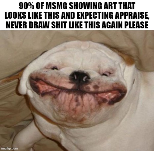 *ahem* you know who you are | 90% OF MSMG SHOWING ART THAT LOOKS LIKE THIS AND EXPECTING APPRAISE, NEVER DRAW SHIT LIKE THIS AGAIN PLEASE | image tagged in ugly dog,msmg,art | made w/ Imgflip meme maker