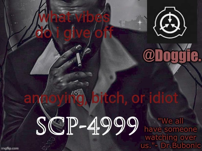 or all of the above works | what vibes do i give off; annoying, bitch, or idiot | image tagged in doggies announcement temp scp | made w/ Imgflip meme maker