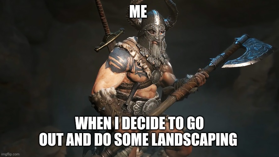 diablo 4 barbarian meme | ME; WHEN I DECIDE TO GO OUT AND DO SOME LANDSCAPING | image tagged in diablo | made w/ Imgflip meme maker