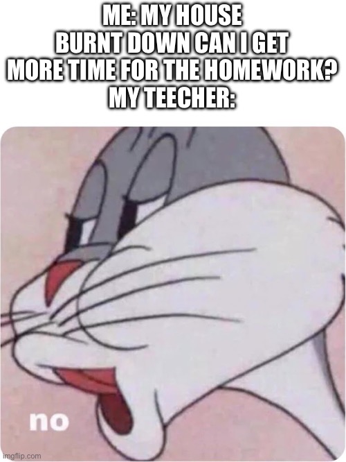 BUT MY HOUSE BURNT DOWN | ME: MY HOUSE BURNT DOWN CAN I GET MORE TIME FOR THE HOMEWORK?
MY TEECHER: | image tagged in bugs bunny no,homework,no,nope,fire,meme | made w/ Imgflip meme maker