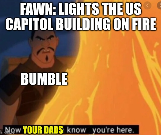 now all of china knows your here | FAWN: LIGHTS THE US CAPITOL BUILDING ON FIRE; BUMBLE; YOUR DADS | image tagged in now all of china knows your here | made w/ Imgflip meme maker