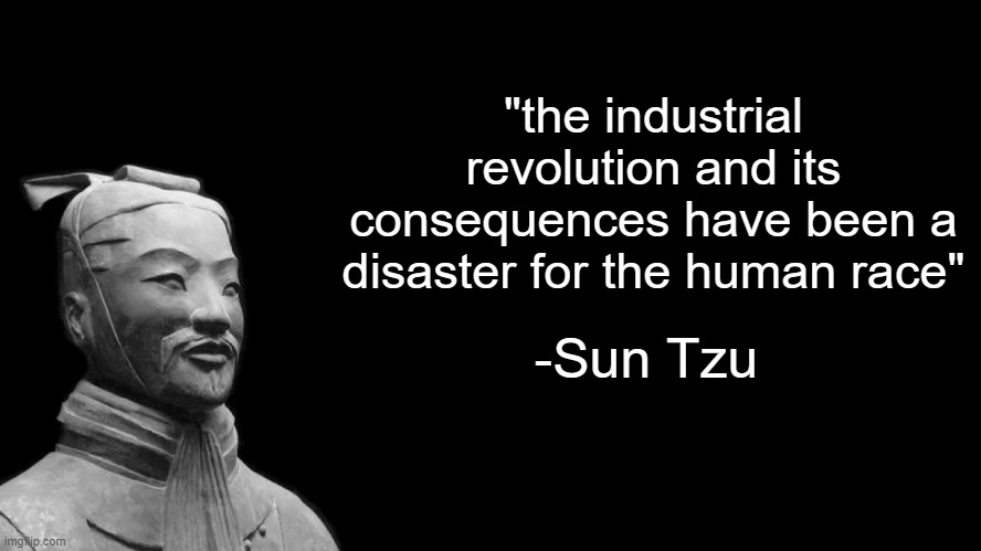 Sun Tzu | "the industrial revolution and its consequences have been a disaster for the human race"; -Sun Tzu | image tagged in sun tzu | made w/ Imgflip meme maker