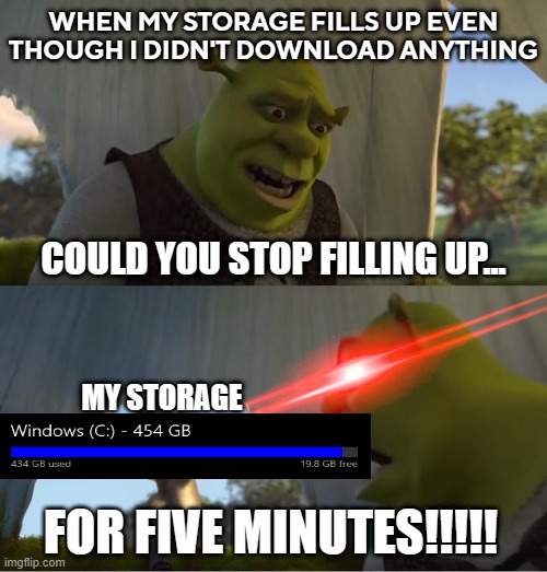 Decided to make this since my storage is doing this. | WHEN MY STORAGE FILLS UP EVEN THOUGH I DIDN'T DOWNLOAD ANYTHING; COULD YOU STOP FILLING UP... MY STORAGE; FOR FIVE MINUTES!!!!! | image tagged in shrek for five minutes | made w/ Imgflip meme maker