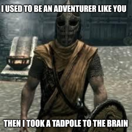 Arrow to the knee | I USED TO BE AN ADVENTURER LIKE YOU; THEN I TOOK A TADPOLE TO THE BRAIN | image tagged in arrow to the knee | made w/ Imgflip meme maker