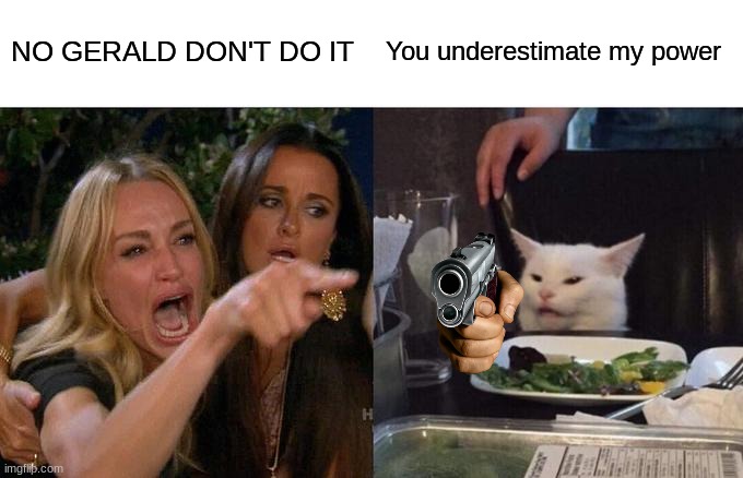 GERALD DON'T PULL THE TRIGGER | NO GERALD DON'T DO IT; You underestimate my power | image tagged in memes,woman yelling at cat | made w/ Imgflip meme maker