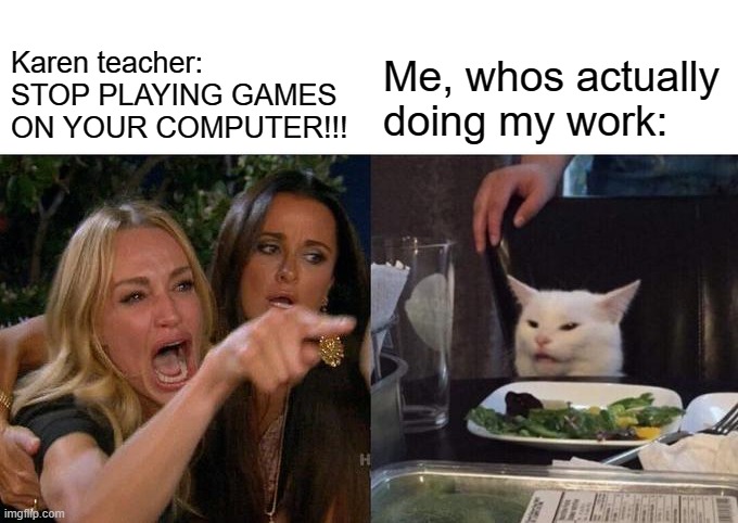 Woman Yelling At Cat Meme | Karen teacher: STOP PLAYING GAMES ON YOUR COMPUTER!!! Me, whos actually doing my work: | image tagged in memes,woman yelling at cat | made w/ Imgflip meme maker
