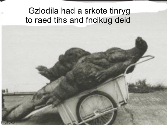 I need Matt Rose to read this in one of his videos please | Gzlodila had a srkote tinryg to raed tihs and fncikug deid | image tagged in godzilla | made w/ Imgflip meme maker