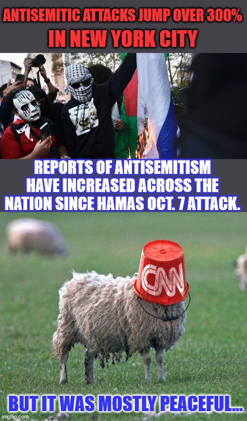 Violence and hate is all they know... | ANTISEMITIC ATTACKS JUMP OVER 300%; IN NEW YORK CITY; REPORTS OF ANTISEMITISM HAVE INCREASED ACROSS THE NATION SINCE HAMAS OCT. 7 ATTACK. BUT IT WAS MOSTLY PEACEFUL... | image tagged in cnn bucket sheep,antisemitism,liberals,party of haters | made w/ Imgflip meme maker